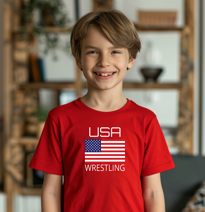 Wrestle USA American Flag Wrestler Youth Freestyle Wrestling T-Shirt Kids Wrestler Tee