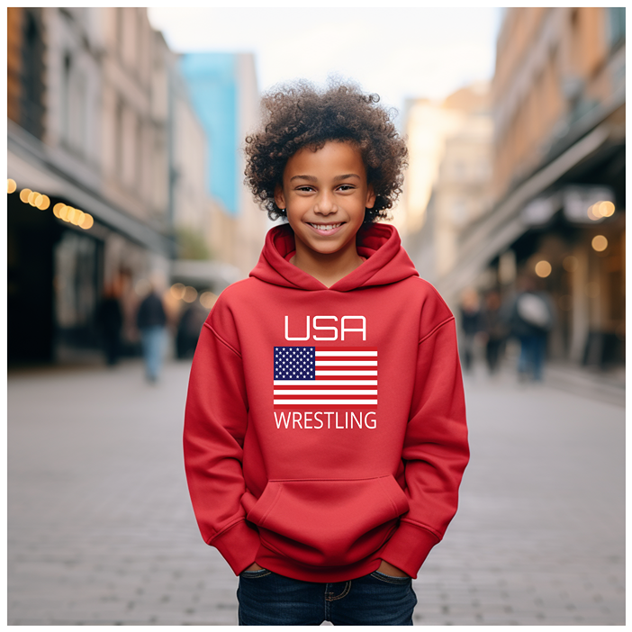 Wrestling Team Wrestle USA American Flag Wrestler Gift Youth Hoodie Heavy Blend Hooded Sweatshirt