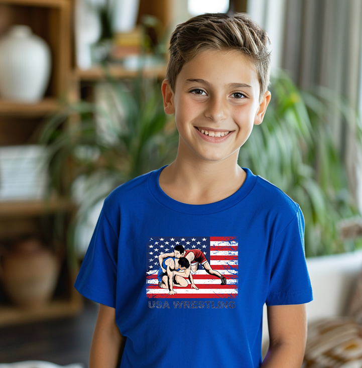 USA Wrestle Flag Wrestling Team Wrestler Youth Freestyle Wrestling T-Shirt Kids Wrestler Tee