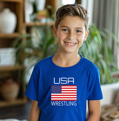 Wrestle USA American Flag Wrestler Youth Freestyle Wrestling T-Shirt Kids Wrestler Tee