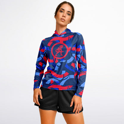 4Wrestlers Patriotic Abstract Women's Wrestling Long Sleeve Hooded Performance Shirt - AOP