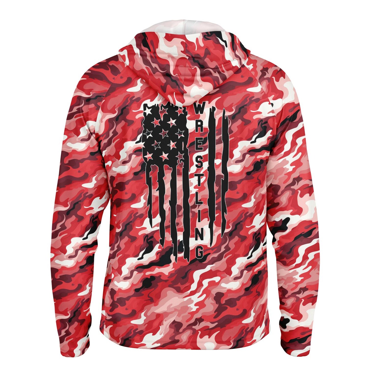 4Wrestlers Red Camouflage Men's Long Sleeve Hooded Performance Shirt - AOP Sublimation