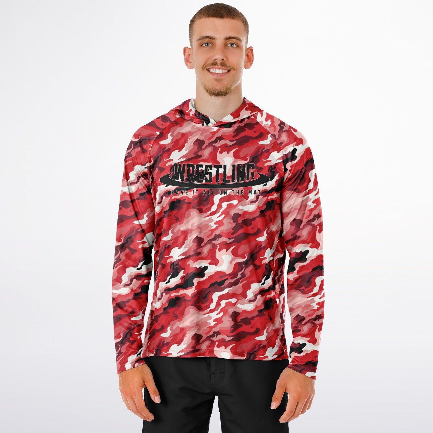 4Wrestlers Red Camouflage Men's Long Sleeve Hooded Performance Shirt - AOP Sublimation