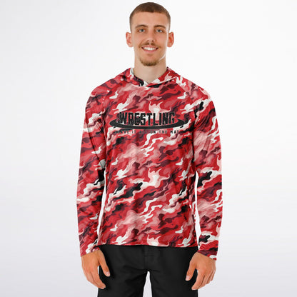 4Wrestlers Red Camouflage Men's Long Sleeve Hooded Performance Shirt - AOP Sublimation
