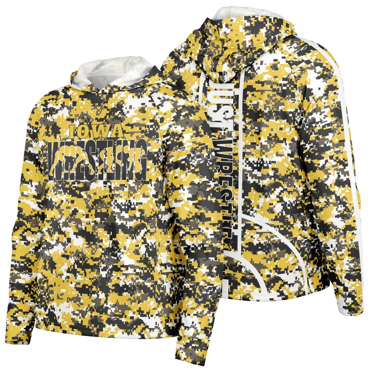 State of Iowa Wrestling Men's Long Sleeve Hooded Performance Shirt - AOP Pixel Camo