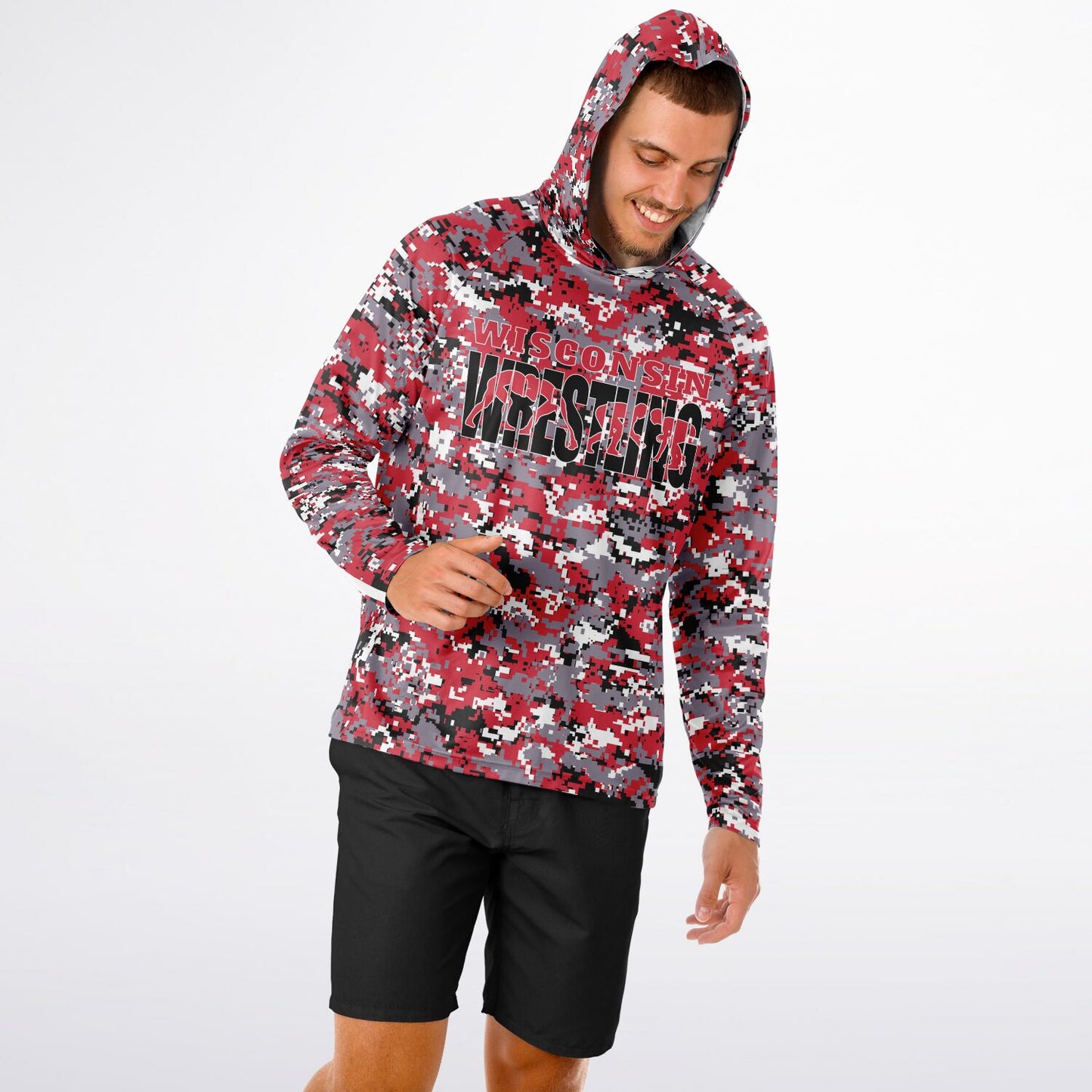 State of Wisconsin Wrestling Men's Wrestler Long Sleeve Hooded Performance Shirt - AOP Pixel Camo