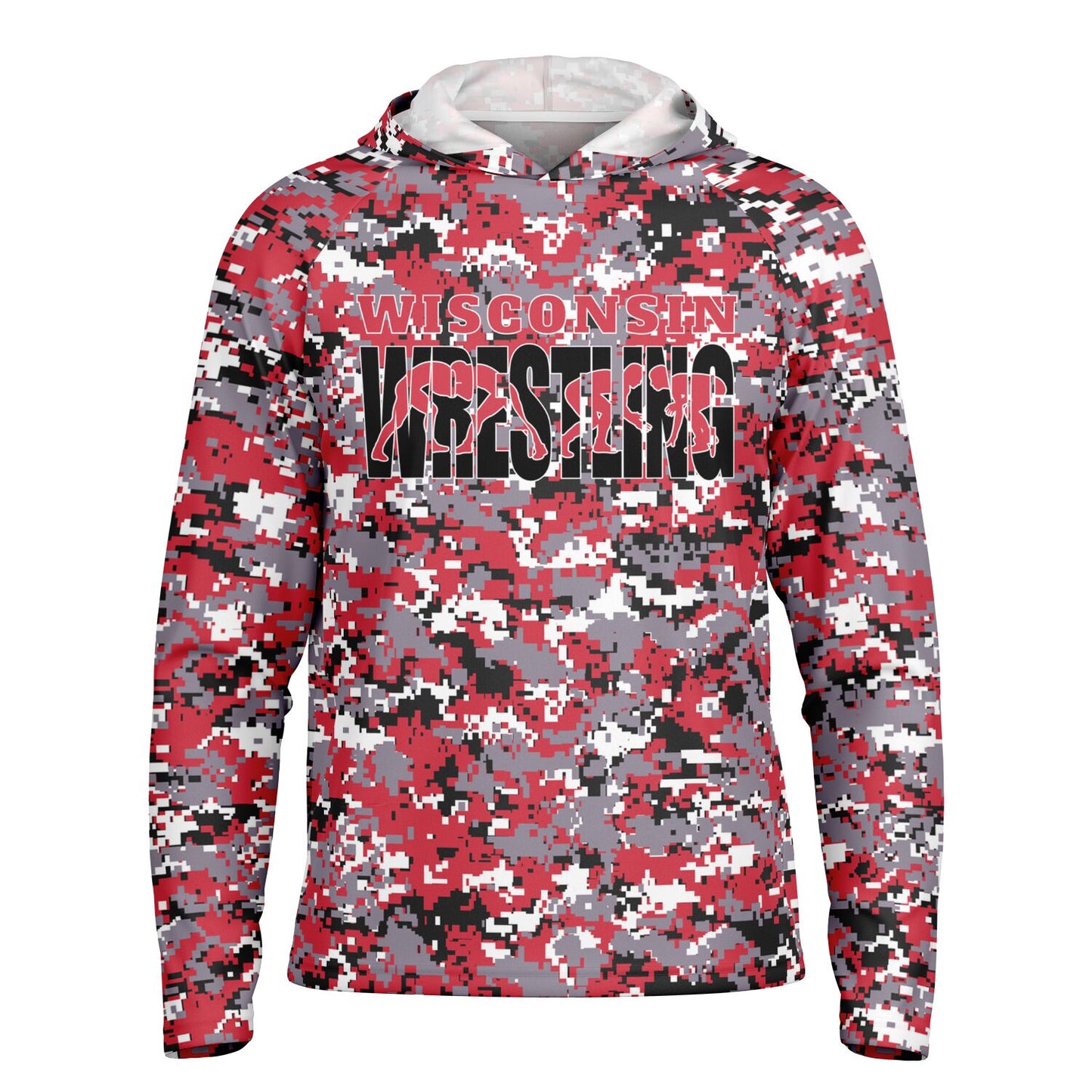 State of Wisconsin Wrestling Men's Wrestler Long Sleeve Hooded Performance Shirt - AOP Pixel Camo