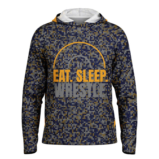 Eat Sleep West Virginia Men's Wrestling  Long Sleeve Hooded Performance Shirt - AOP Minecraft Camo