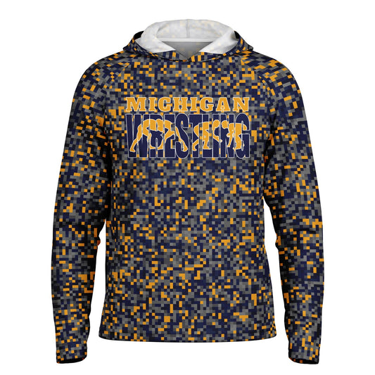 State of Michigan Wrestling Men's Wrestler Long Sleeve Hooded Performance Shirt - AOP Minecraft Camo