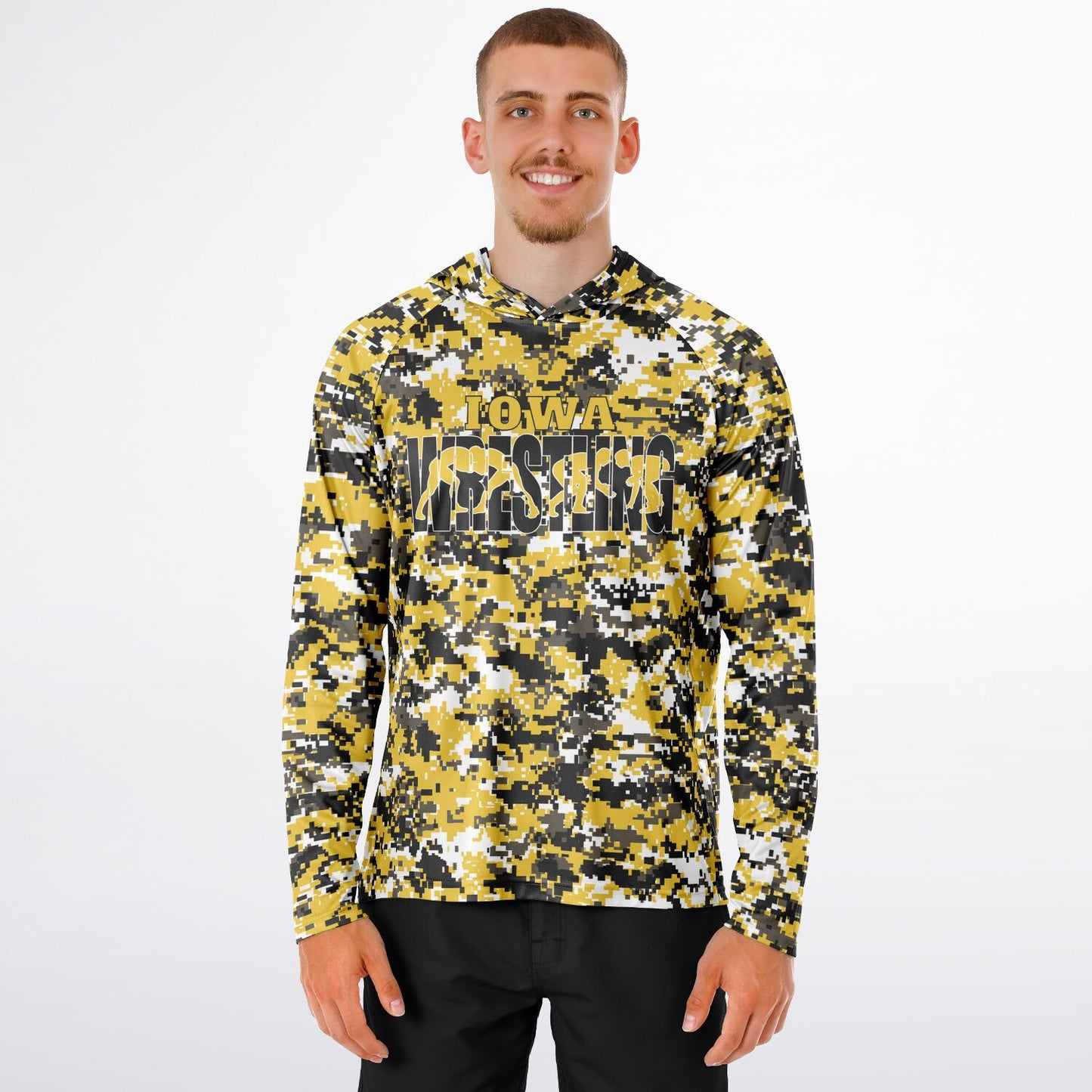 State of Iowa Wrestling Men's Long Sleeve Hooded Performance Shirt - AOP Pixel Camo