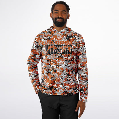 State of Oklahoma Wrestling Men's Wrestler Long Sleeve Hooded Performance Shirt - AOP Pixel Camo