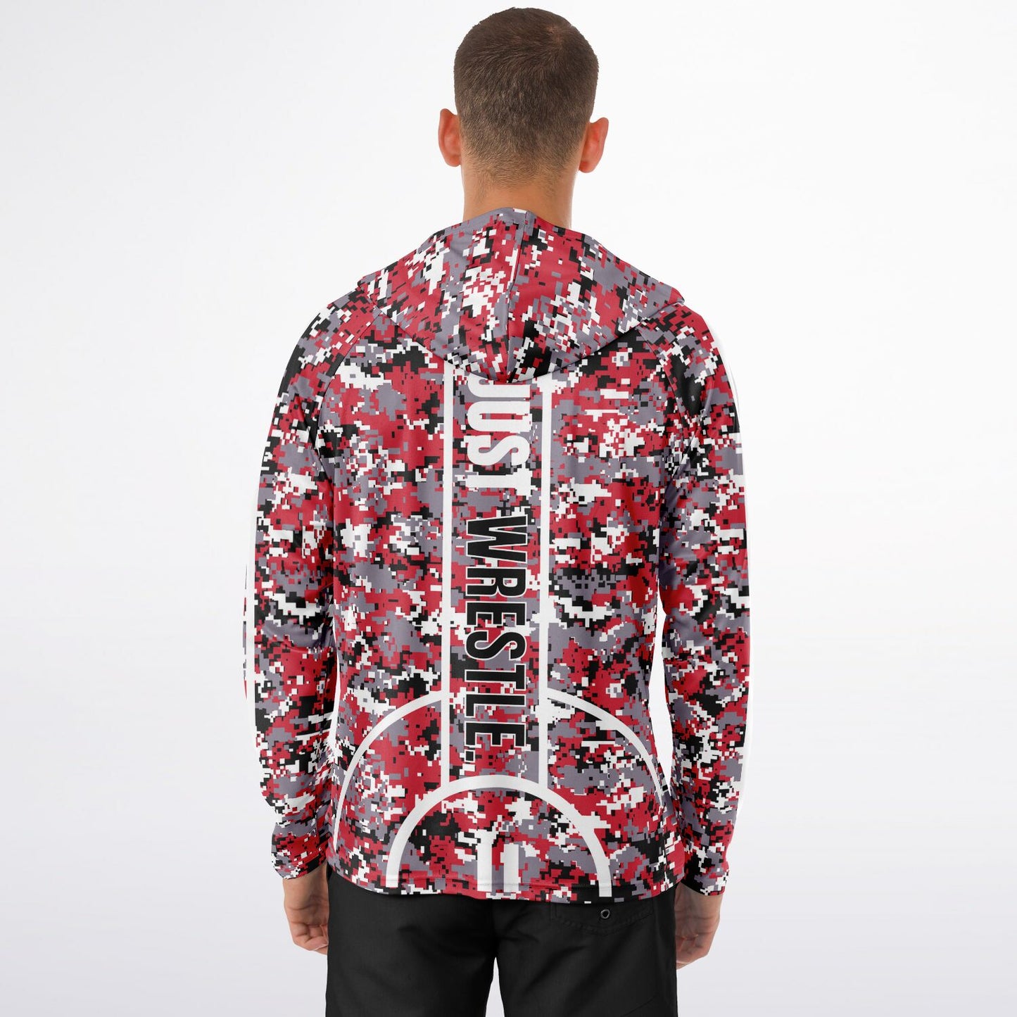 State of Wisconsin Wrestling Men's Wrestler Long Sleeve Hooded Performance Shirt - AOP Pixel Camo
