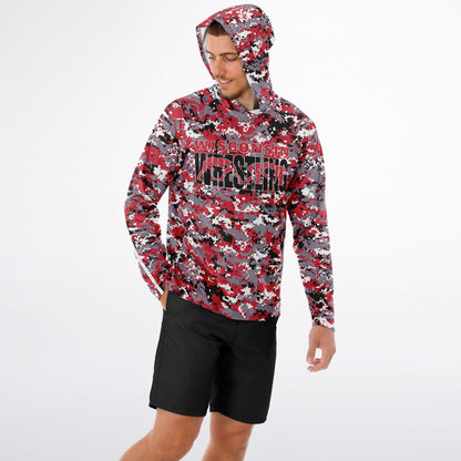 State of Wisconsin Wrestling Men's Wrestler Long Sleeve Hooded Performance Shirt - AOP Pixel Camo