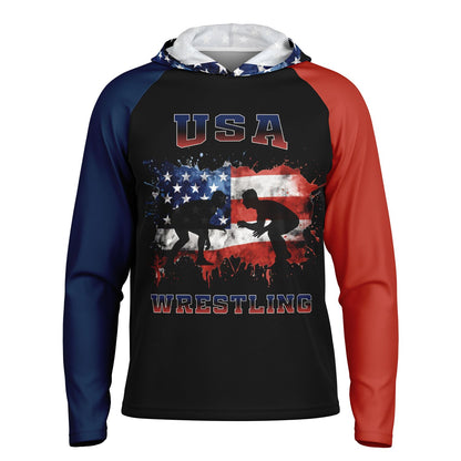 4Wrestlers Paint Splatter USA Flag Men's Long Sleeve Hooded Performance Shirt - AOP