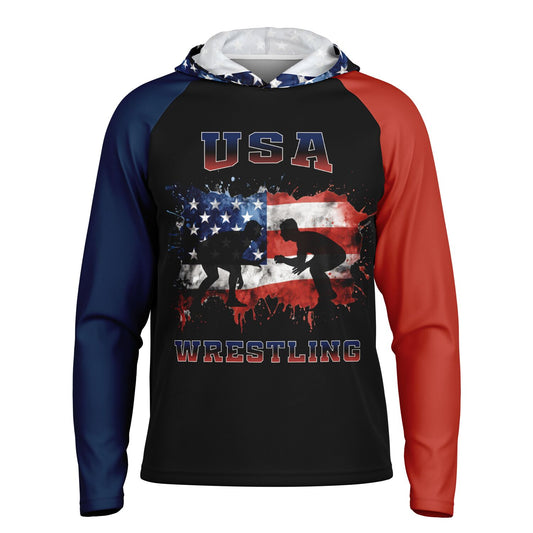 4Wrestlers Paint Splatter USA Flag Men's Long Sleeve Hooded Performance Shirt - AOP