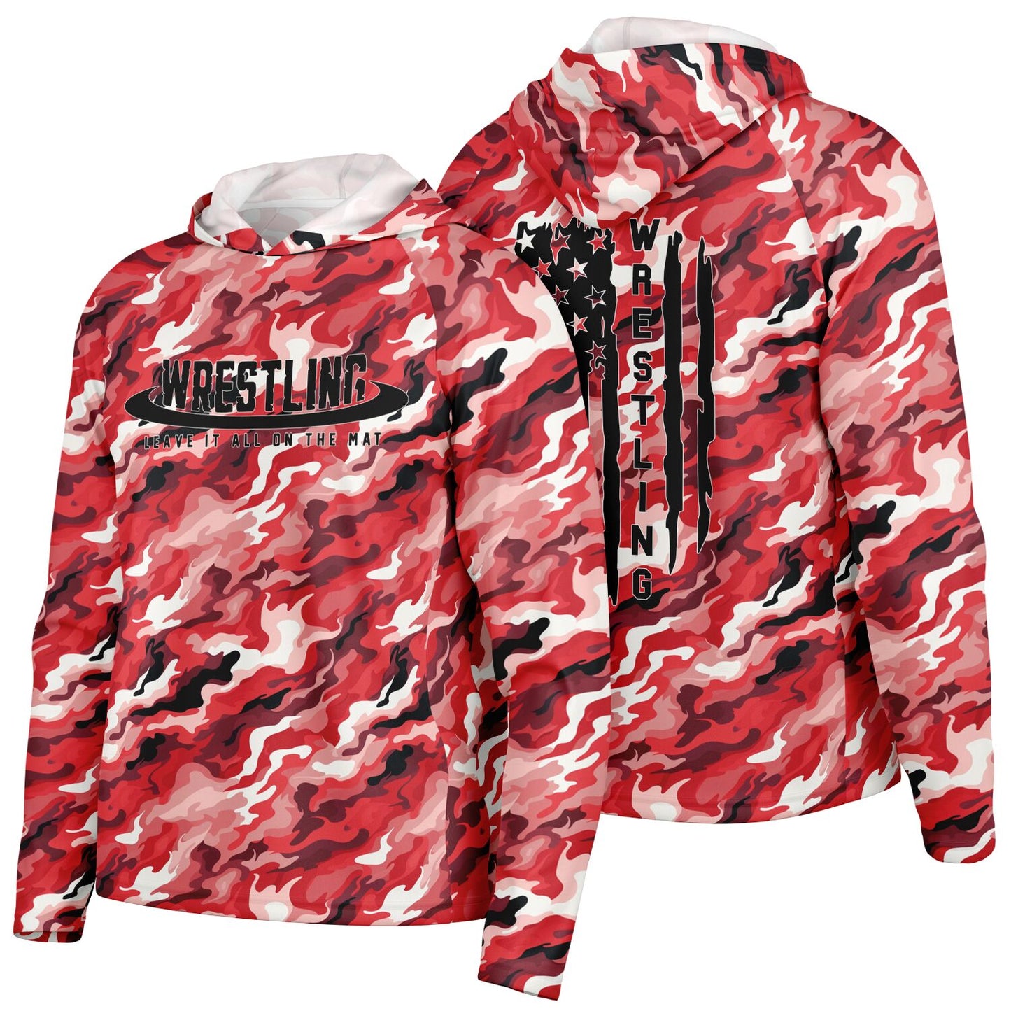 4Wrestlers Red Camouflage Men's Long Sleeve Hooded Performance Shirt - AOP Sublimation