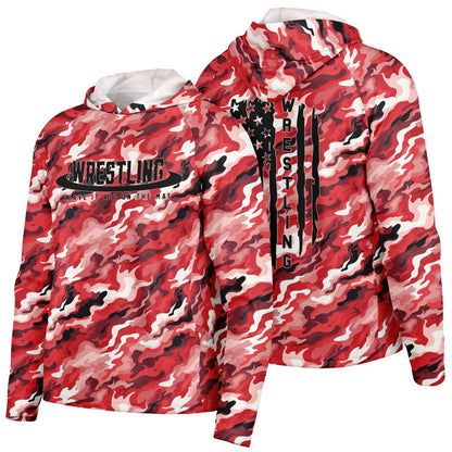 4Wrestlers Red Camouflage Men's Long Sleeve Hooded Performance Shirt - AOP Sublimation